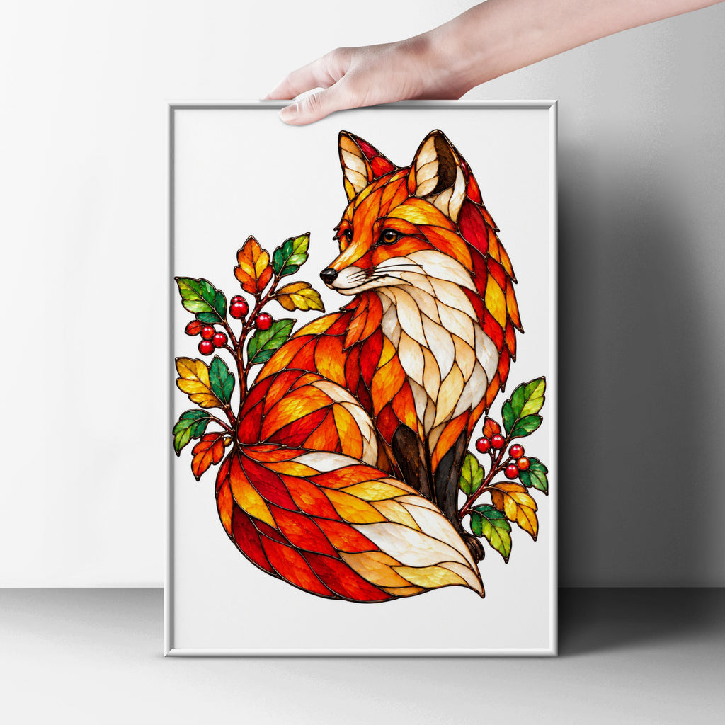 Stained Glass Fox Poster, Autumn Wildlife Wall Art, Red Orange Fox Print, Botanical Berry Decor, Nature Lover Gift, Living Room Art Poster