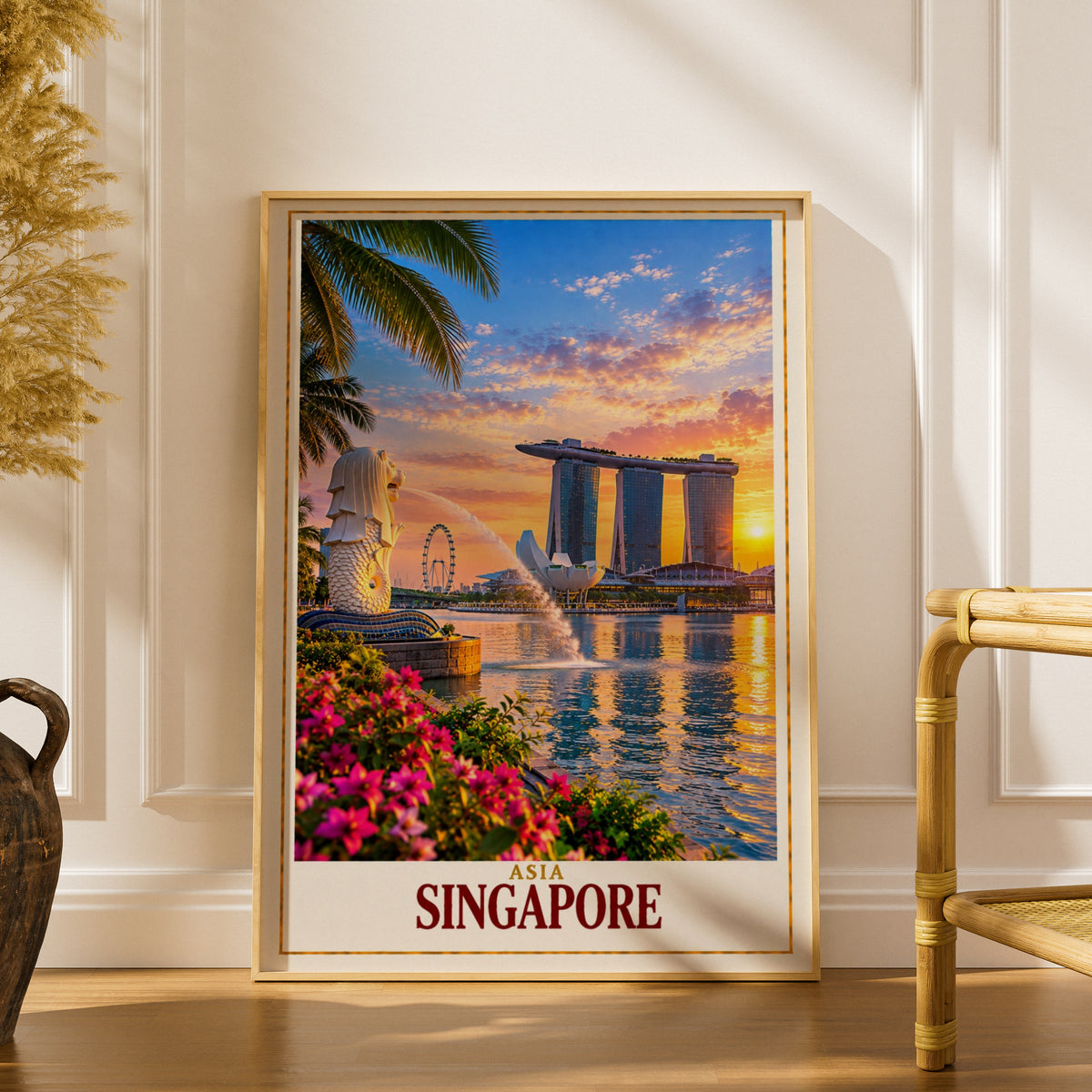 Singapore Travel Poster, Merlion Marina Bay Sands Sunset Wall Art, Asia City Skyline Print, Vibrant Tropical Home Decor Gift for Travellers