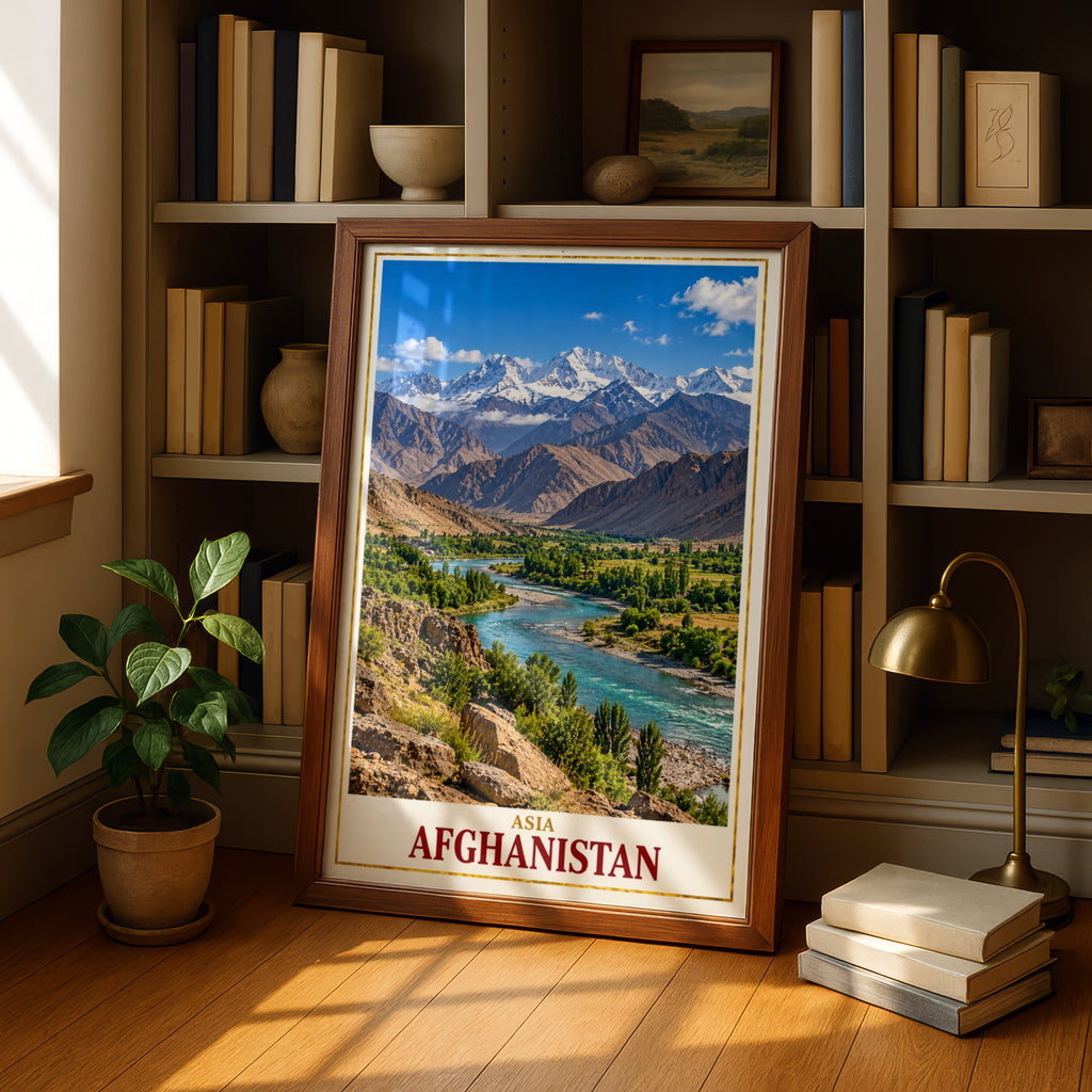 Afghanistan Travel Poster, Hindu Kush Mountain River Valley Wall Art, Central Asia Landscape Print, Adventure Home Decor, Living Room Art