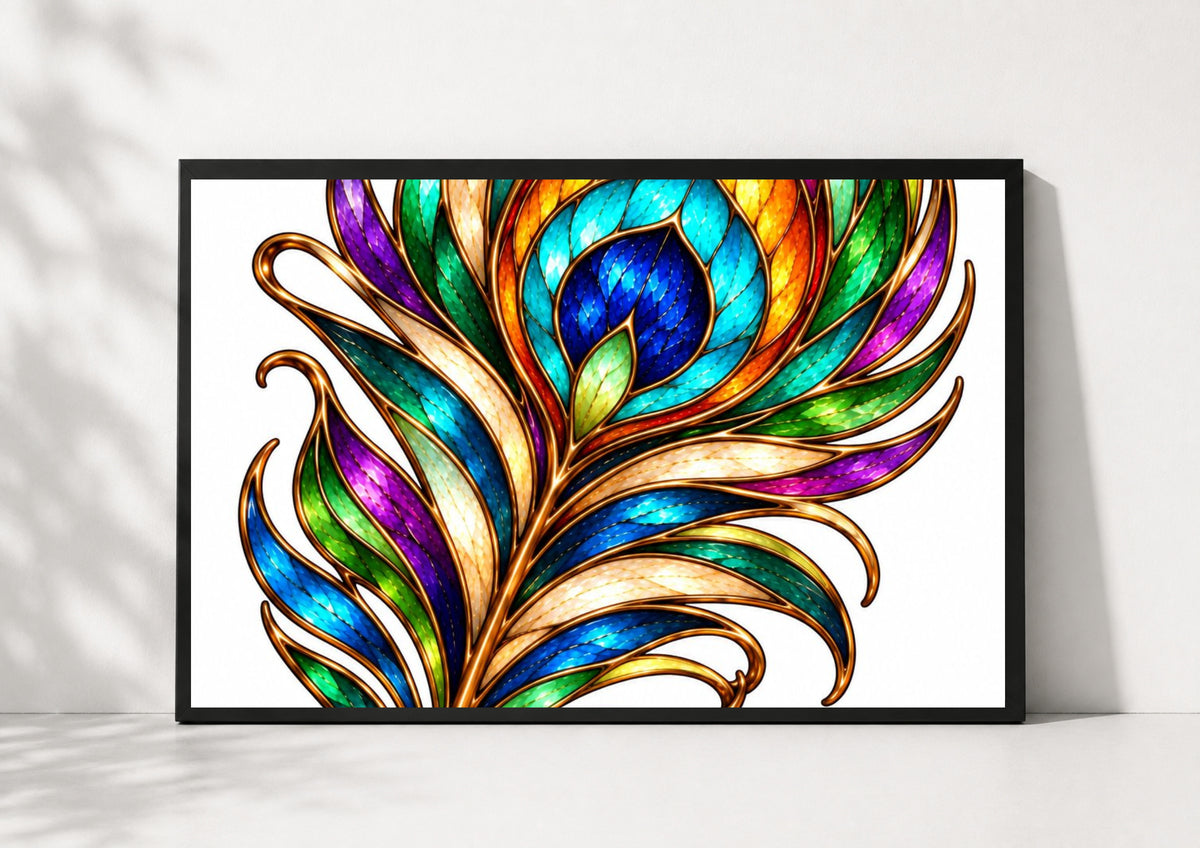 Peacock Feather Poster, Stained Glass Style Wall Art, Colourful Bohemian Print, Jewel Tone Home Decor, Maximalist Living Room Art