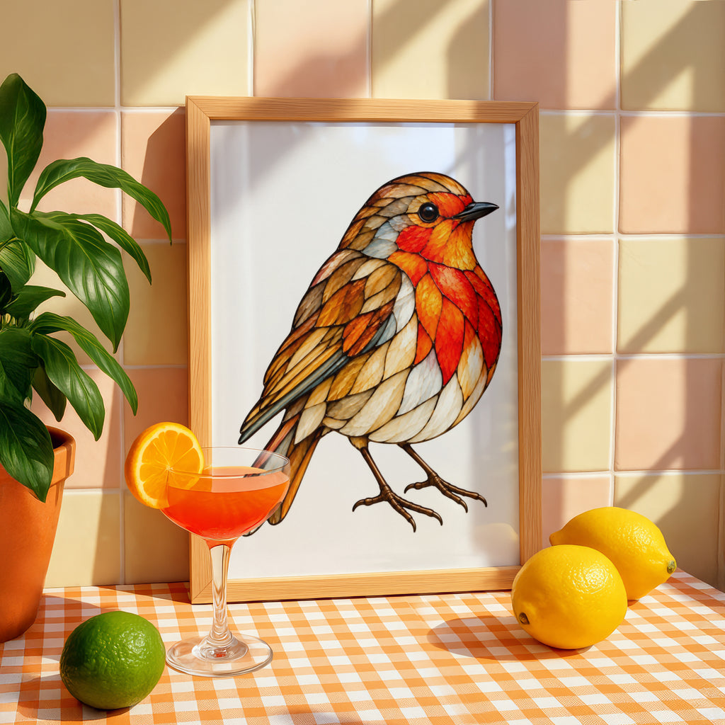 Stained Glass Robin Poster, British Robin Redbreast Wall Art, Orange Red Bird Print, Nature Wildlife Decor, Garden Bird Art Gift