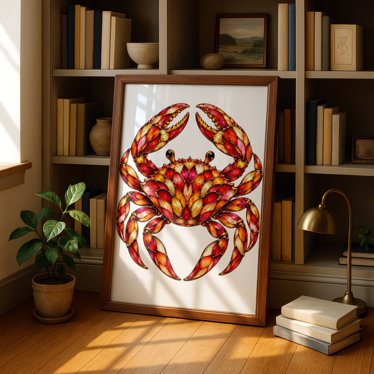 Stained Glass Crab Poster, Red Orange Gold Crab Wall Art, Coastal Wildlife Print, Cancer Zodiac Decor, Nautical Animal Art Poster