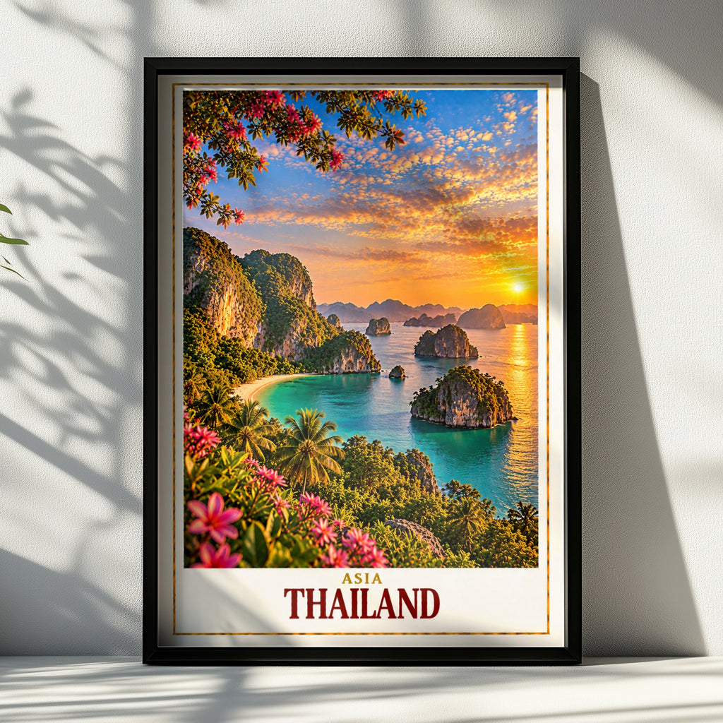 Thailand Travel Poster, Tropical Island Sunset Wall Art, Asia Beach Print, Turquoise Sea Limestone Karst, Palm Tree Holiday Home Decor