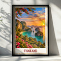Thailand Travel Poster, Tropical Island Sunset Wall Art, Asia Beach Print, Turquoise Sea Limestone Karst, Palm Tree Holiday Home Decor