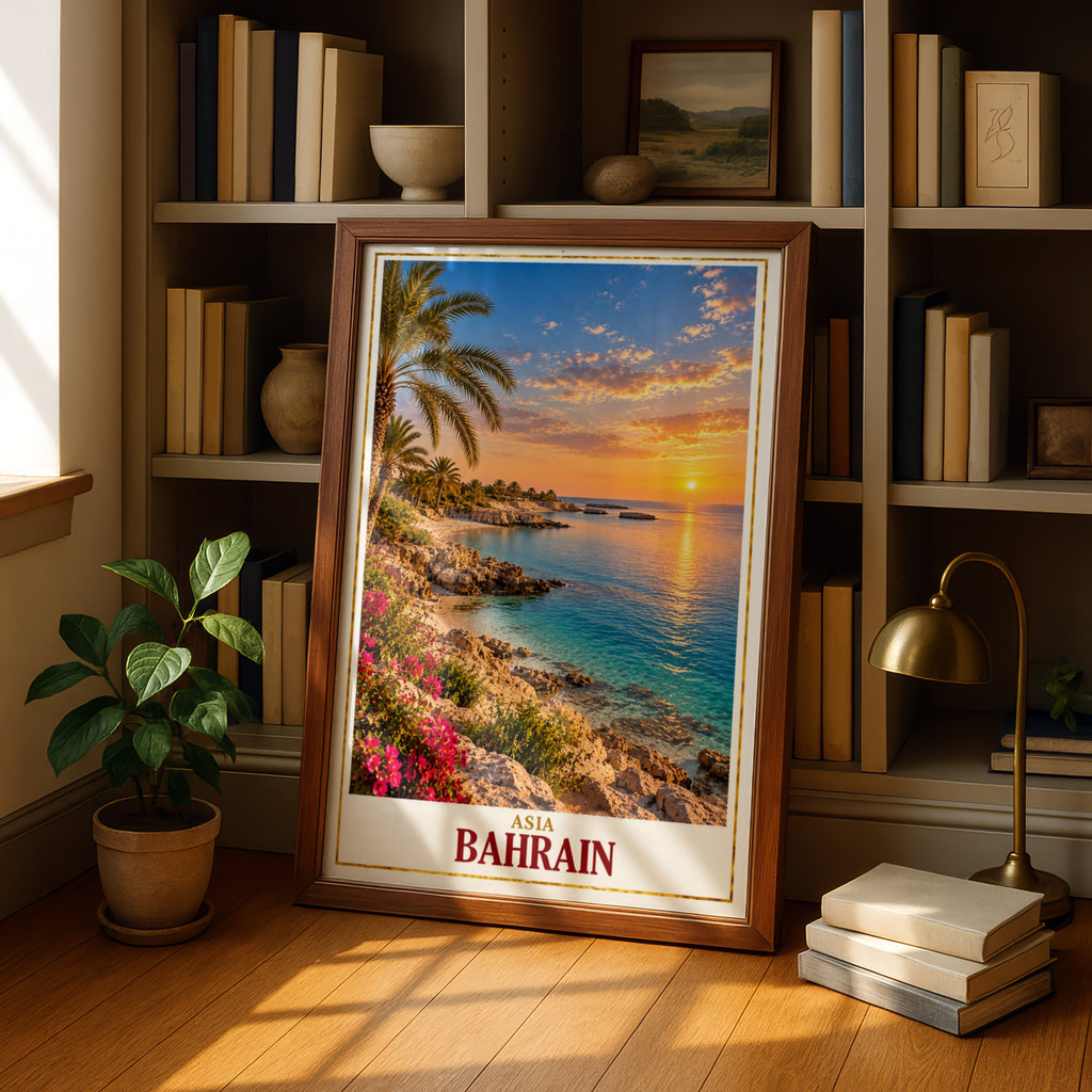 Bahrain Travel Poster, Middle East Coastal Sunset Wall Art, Persian Gulf Palm Tree Print, Tropical Beach Decor, Asia Travel Gift