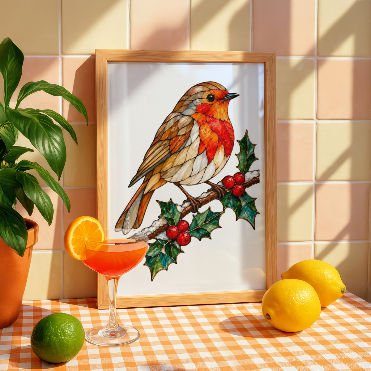 Robin on Holly Branch Stained Glass Style Poster, Christmas Robin Wall Art, Festive Bird Print, Traditional British Wildlife Decor