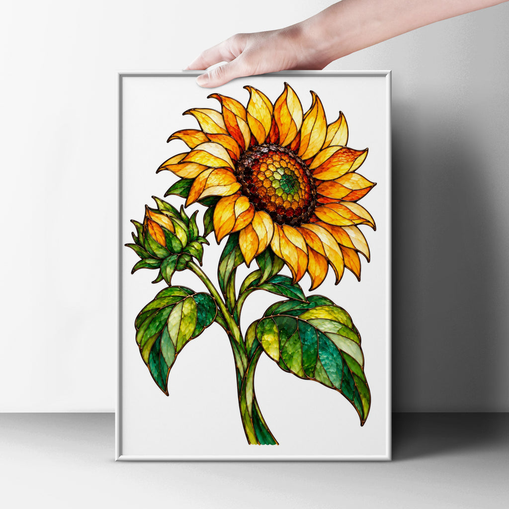 Stained Glass Sunflower Poster, Botanical Floral Wall Art, Yellow Orange Green Home Decor, Kitchen Living Room Print, Nature Flower Artwork