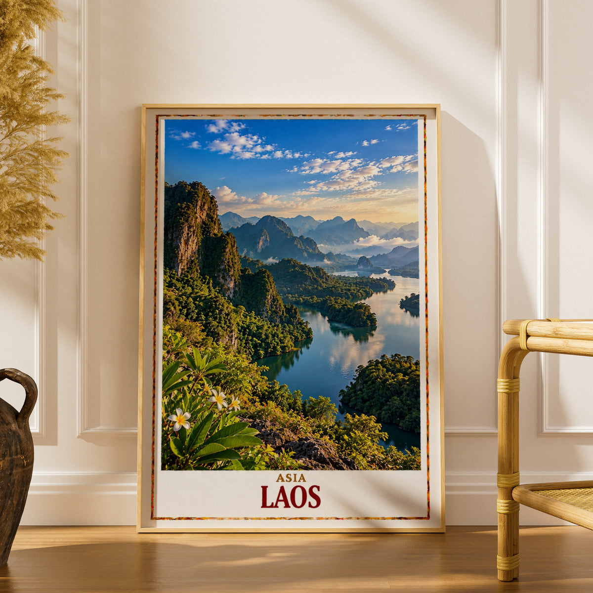 Laos Travel Poster, Southeast Asia Landscape Print, Mekong River Wall Art, Karst Mountains, Tropical Nature Decor, Living Room Poster