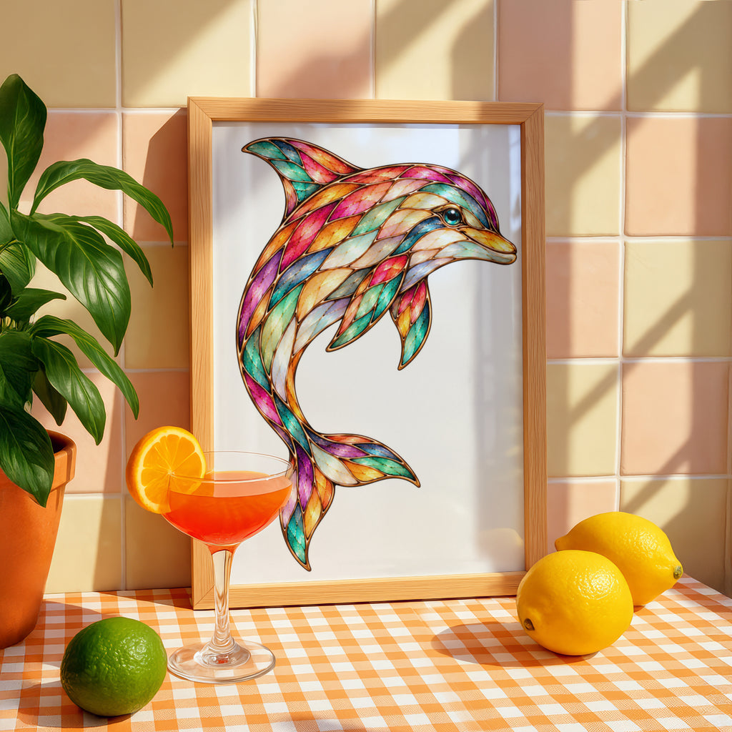 Colourful Dolphin Poster, Stained Glass Style Ocean Wall Art, Mosaic Marine Animal Print, Coastal Home Decor, Rainbow Sea Life Gift