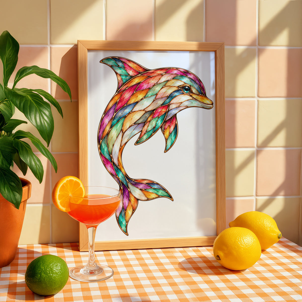 Colourful Dolphin Poster, Stained Glass Style Ocean Wall Art, Mosaic Marine Animal Print, Coastal Home Decor, Rainbow Sea Life Gift