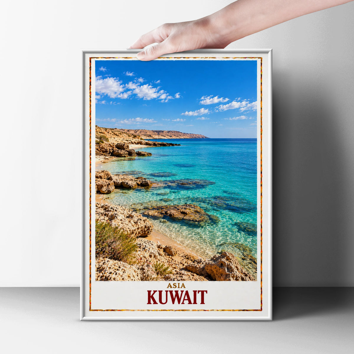 Kuwait Travel Poster, Middle East Coastal Wall Art, Turquoise Sea Print, Arabian Gulf Beach Decor, Asia Travel Gift, Rocky Shoreline Poster