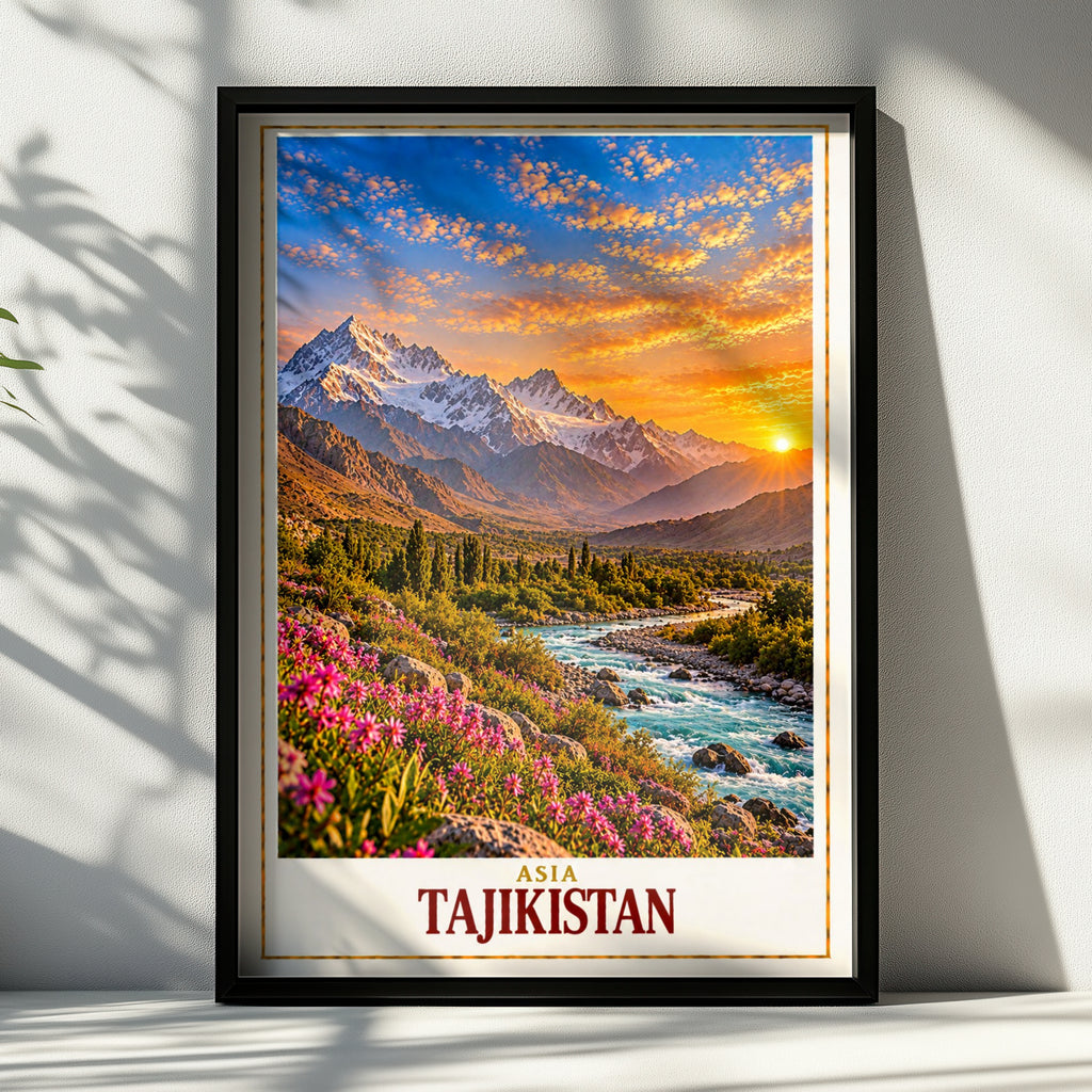 Tajikistan Travel Poster, Central Asia Mountain Landscape Print, Pamir Sunset Wall Art, Turquoise River Pink Wildflowers Home Decor Gift