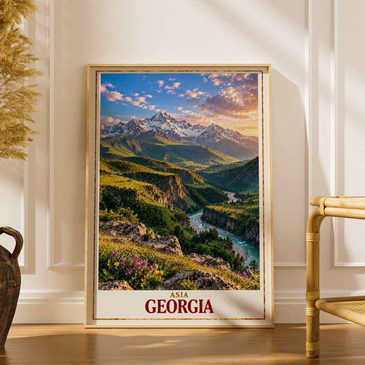 Georgia Travel Poster, Caucasus Mountain Wall Art, Scenic River Valley Print, Georgian Landscape, Adventure Home Decor, Wanderlust Gift