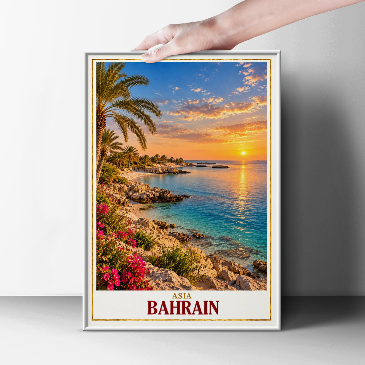 Bahrain Travel Poster, Middle East Coastal Sunset Wall Art, Persian Gulf Palm Tree Print, Tropical Beach Decor, Asia Travel Gift
