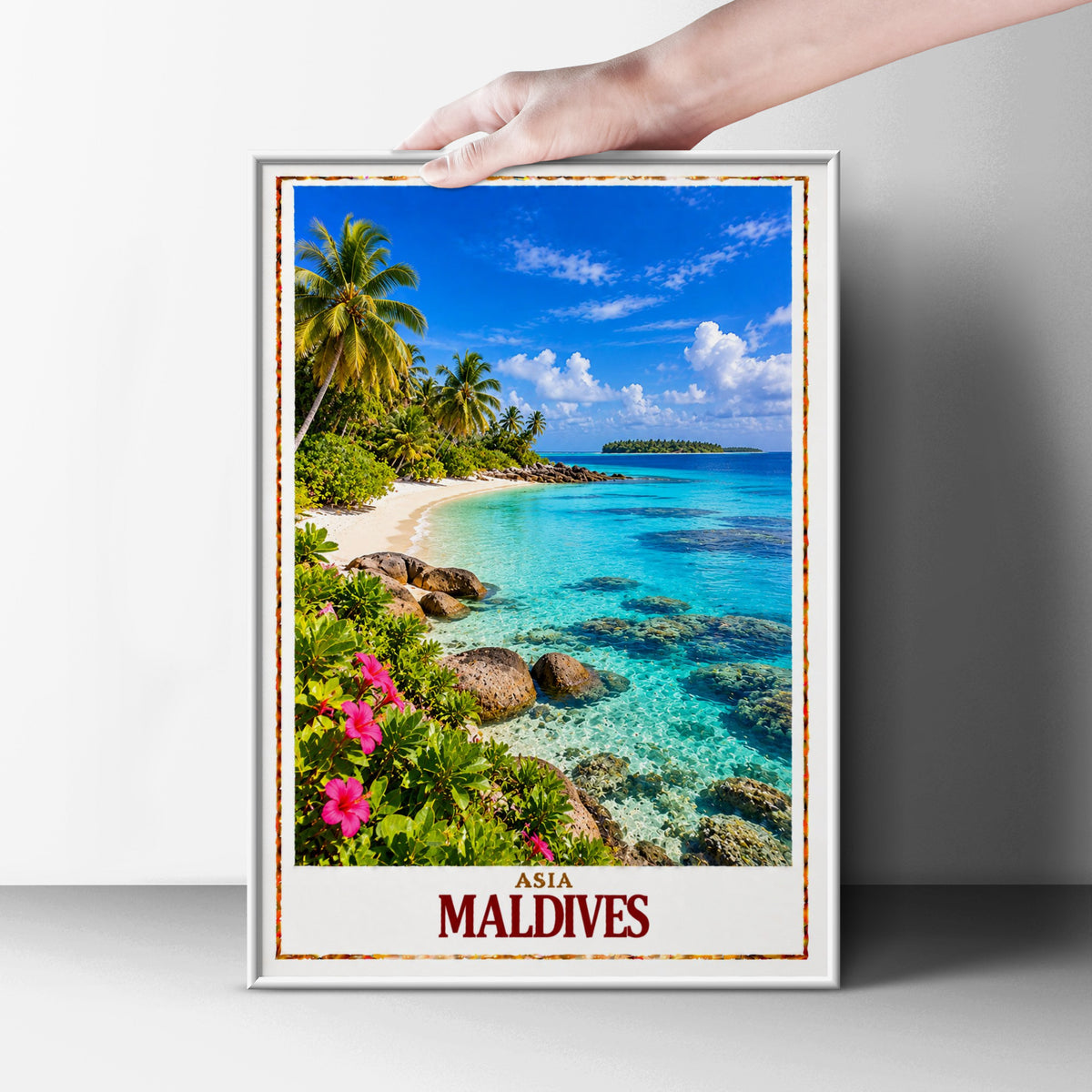 Maldives Travel Poster, Tropical Island Beach Print, Turquoise Ocean Wall Art, Palm Tree Paradise, Asian Holiday Gift, Coastal Home Decor