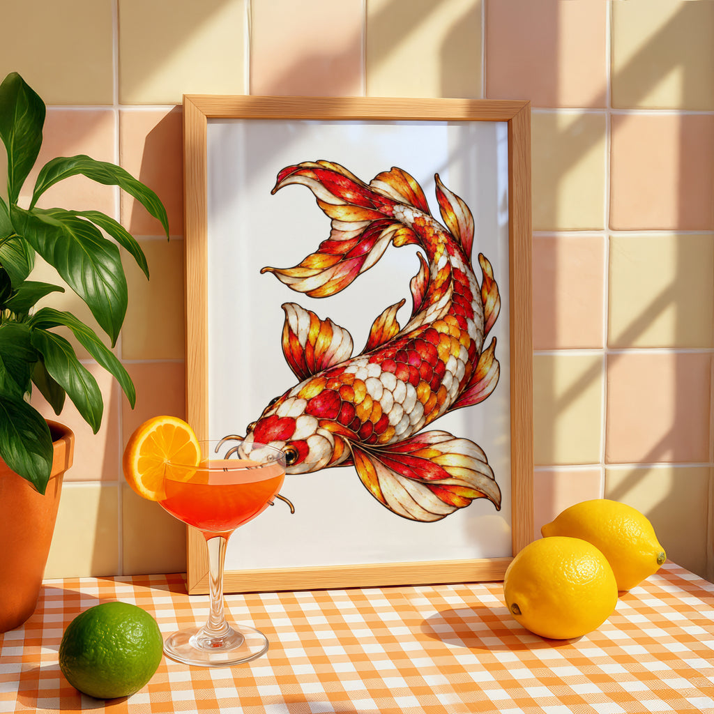 Koi Fish Poster, Red Gold Japanese Carp Wall Art, Ornate Koi Print, Asian Luck Symbol, Feng Shui Decor, Maximalist Living Room Poster