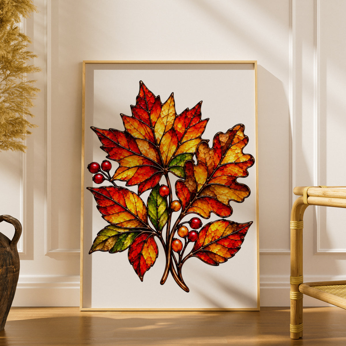 Autumn Leaves Stained Glass Style Poster, Fall Botanical Wall Art, Red Orange Gold Leaf Print, Seasonal Nature Decor, Living Room Art