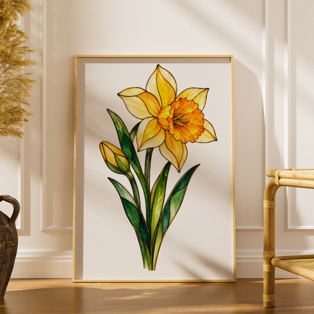 Daffodil Stained Glass Style Poster, Yellow Narcissus Flower Art Print, Spring Botanical Wall Art, Floral Home Decor, Living Room Print