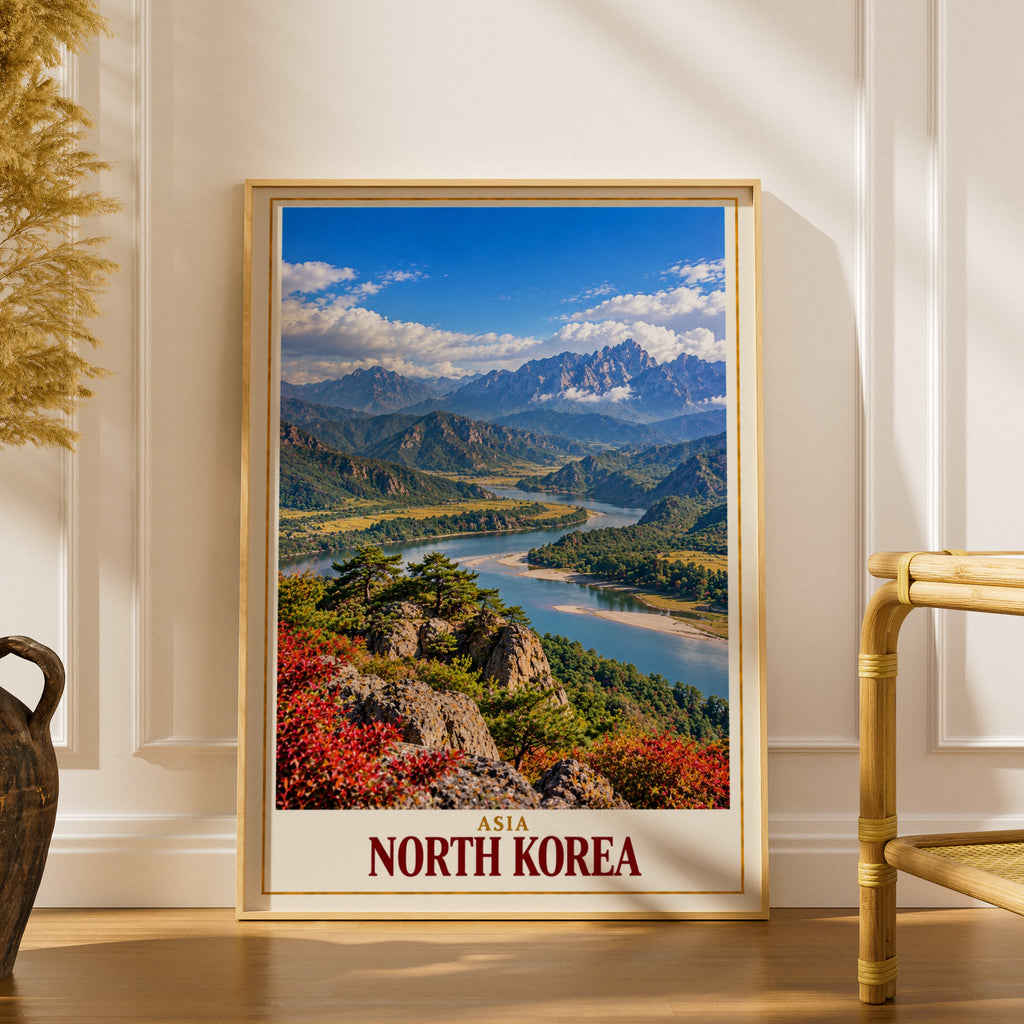 North Korea Travel Poster, Asian Mountain Landscape Wall Art, River Valley Print, Korea Scenic Nature Poster, Living Room Gallery Wall Decor