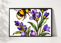 Stained Glass Bumblebee and Lavender Poster, Botanical Bee Wall Art, Purple Floral Wildlife Nature Print, Garden Lover Gift, Bedroom Decor
