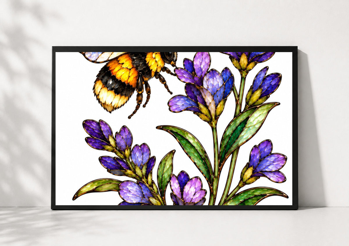 Stained Glass Bumblebee and Lavender Poster, Botanical Bee Wall Art, Purple Floral Wildlife Nature Print, Garden Lover Gift, Bedroom Decor
