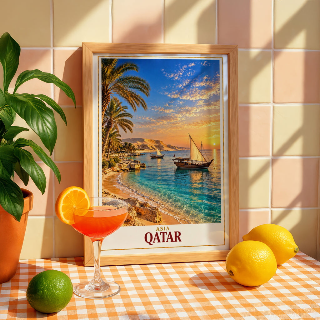 Qatar Travel Poster, Arabian Gulf Dhow Sunset Wall Art, Middle East Beach Print, Palm Tree Coastal Decor, Doha Gift Poster