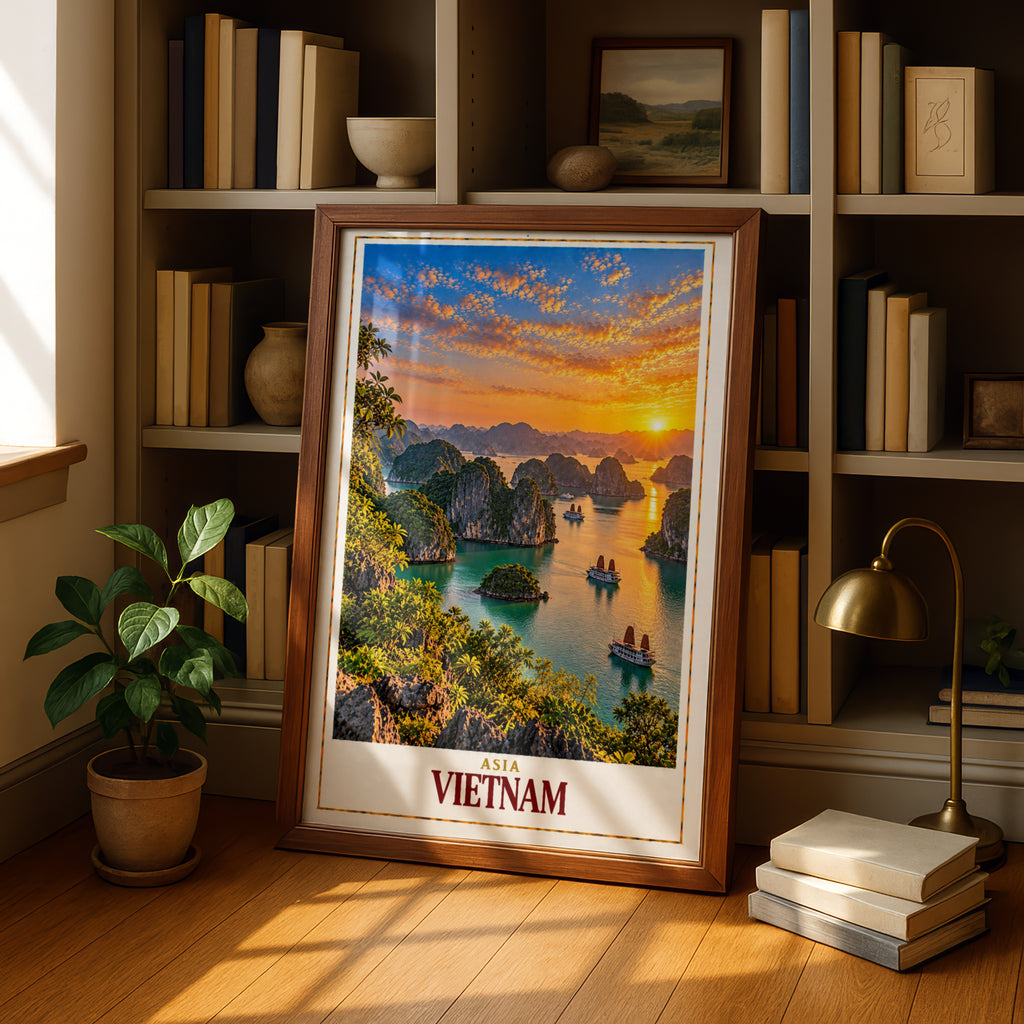 Vietnam Travel Poster, Ha Long Bay Sunset Print, Junk Boat Wall Art, Teal Water Karst Landscape, Southeast Asia Home Decor, Retro Style
