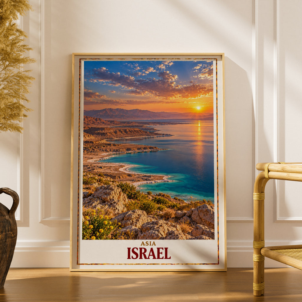 Israel Travel Poster, Dead Sea Sunset Wall Art, Middle East Landscape Print, Desert Coastline, Blue Water, Gift for Traveller, Home Decor