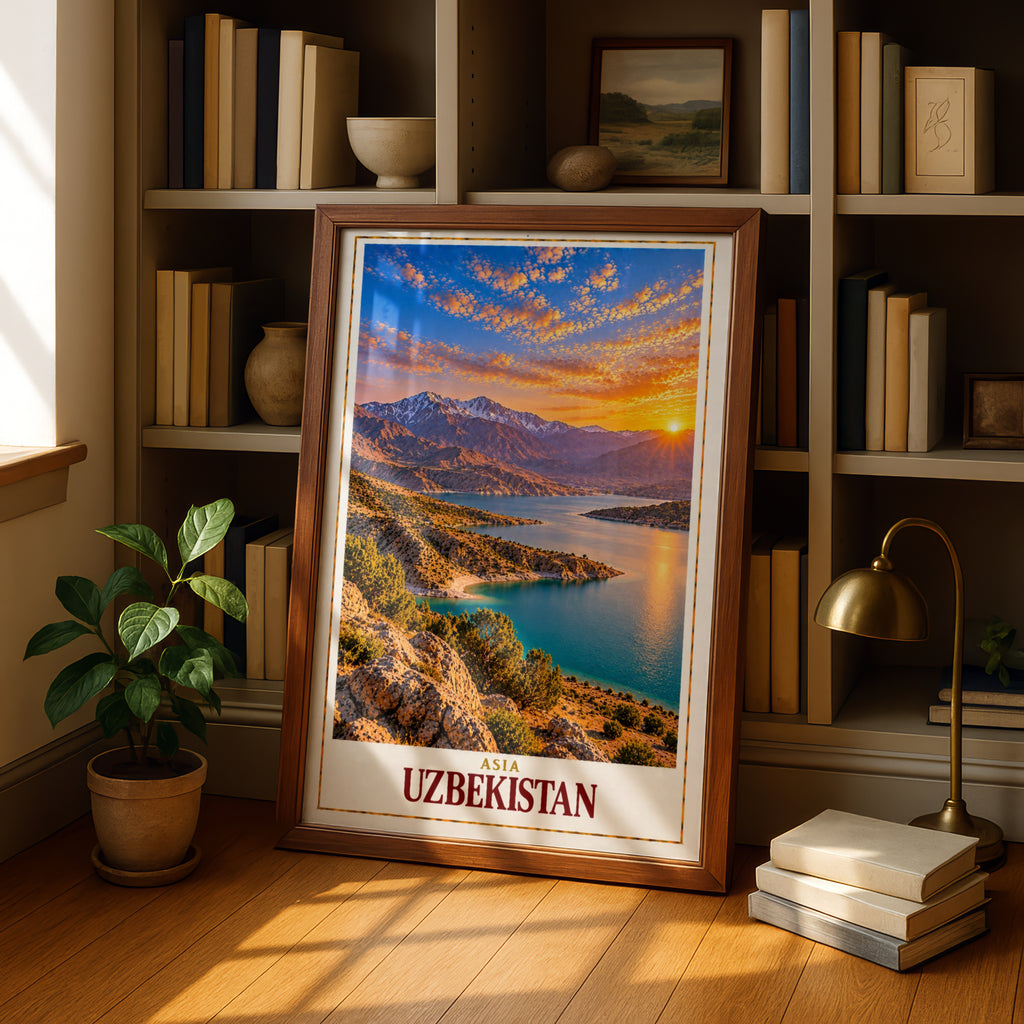 Uzbekistan Travel Poster, Central Asia Mountain Lake Sunset Wall Art, Silk Road Landscape Print, Adventure Home Decor Gift for Travellers