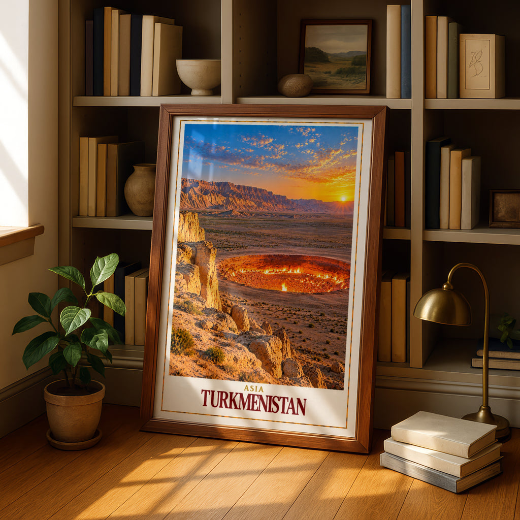 Turkmenistan Travel Poster, Door to Hell Darvaza Crater Wall Art, Central Asia Desert Landscape Print, Fiery Sunset Adventure Home Decor