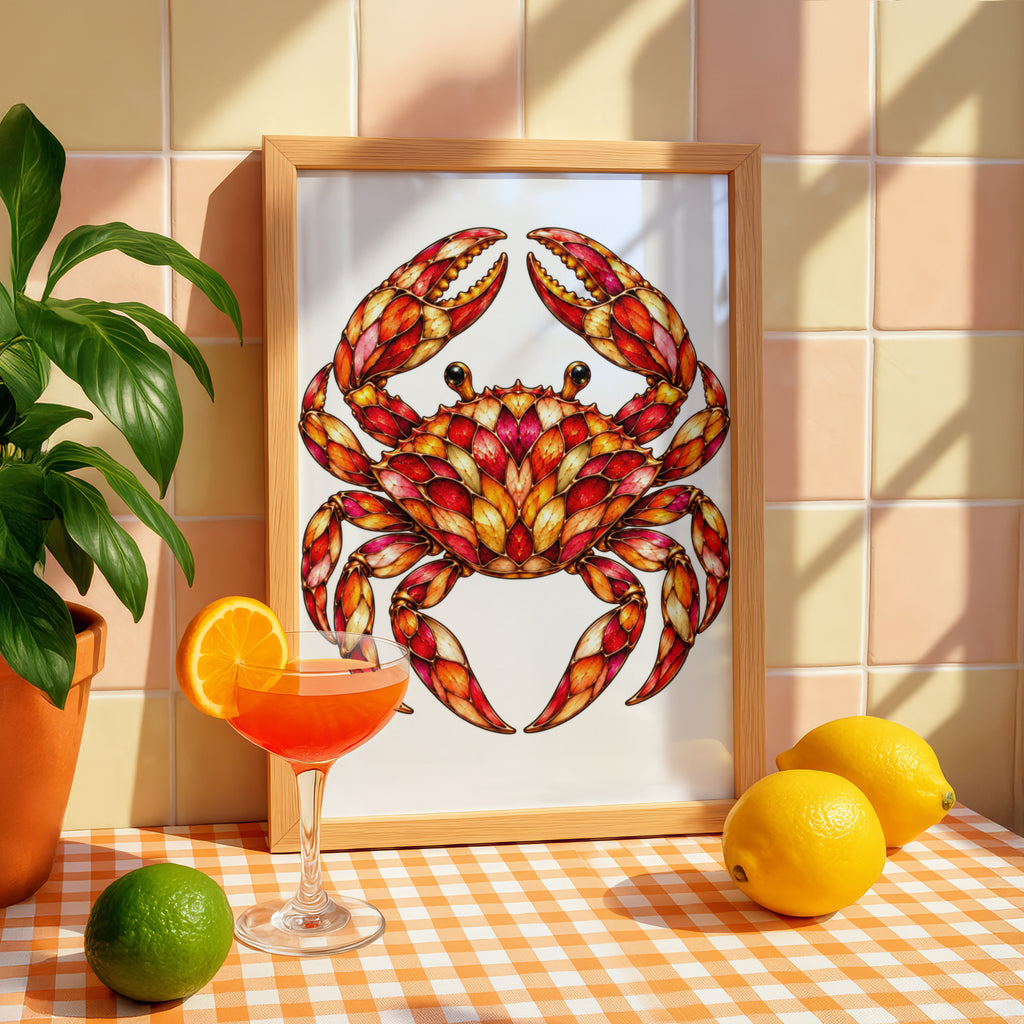 Stained Glass Crab Poster, Red Orange Gold Crab Wall Art, Coastal Wildlife Print, Cancer Zodiac Decor, Nautical Animal Art Poster