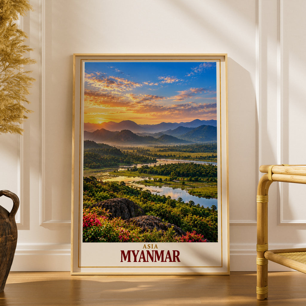 Myanmar Travel Poster, Asia Landscape Wall Art, Sunset River Valley Print, Southeast Asia Home Decor, Burma Mountain Scenery Poster