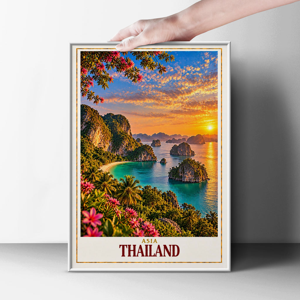 Thailand Travel Poster, Tropical Island Sunset Wall Art, Asia Beach Print, Turquoise Sea Limestone Karst, Palm Tree Holiday Home Decor