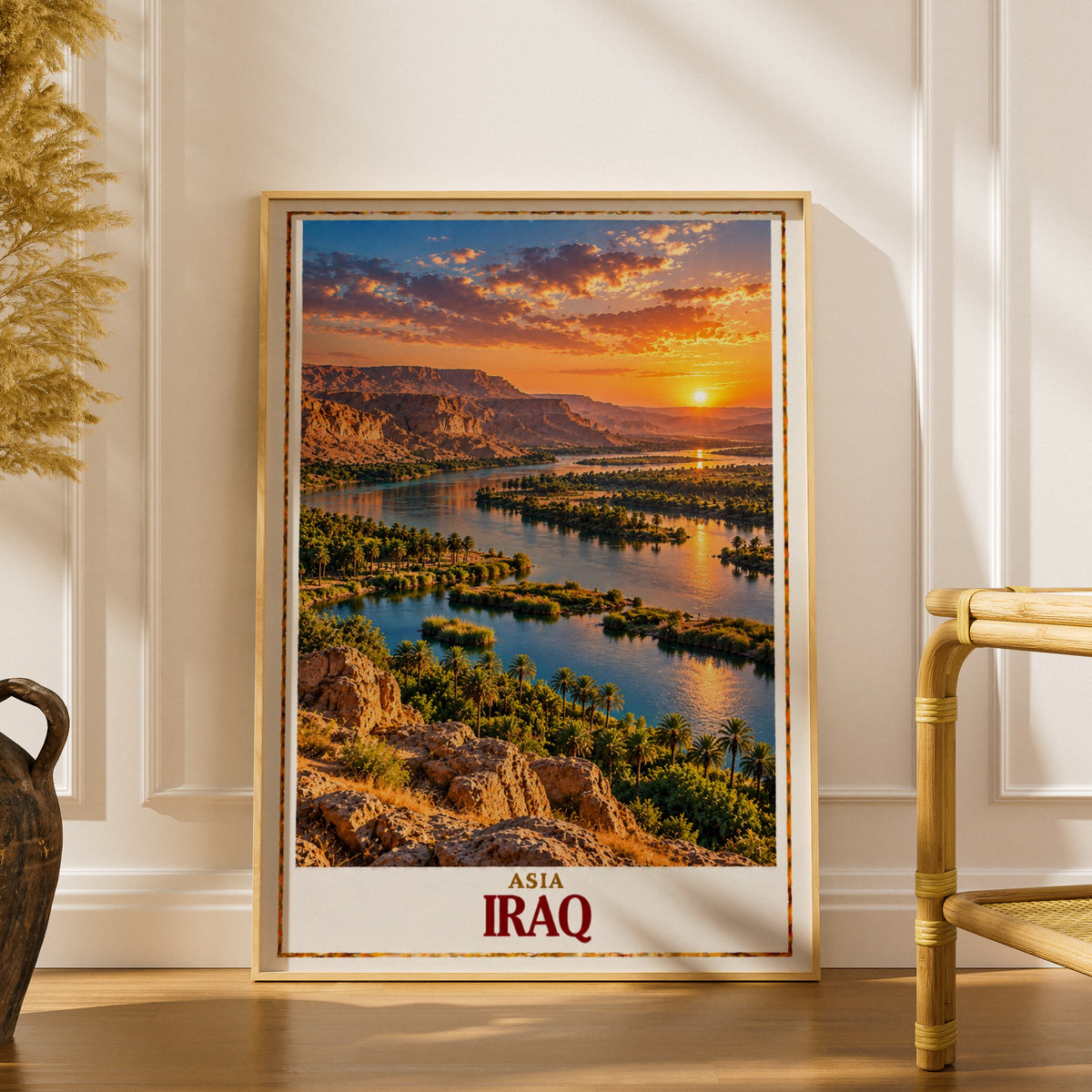 Iraq Travel Poster, Mesopotamia River Sunset Wall Art, Middle East Landscape Print, Palm Trees Desert Scenery, Iraqi Home Decor Gift