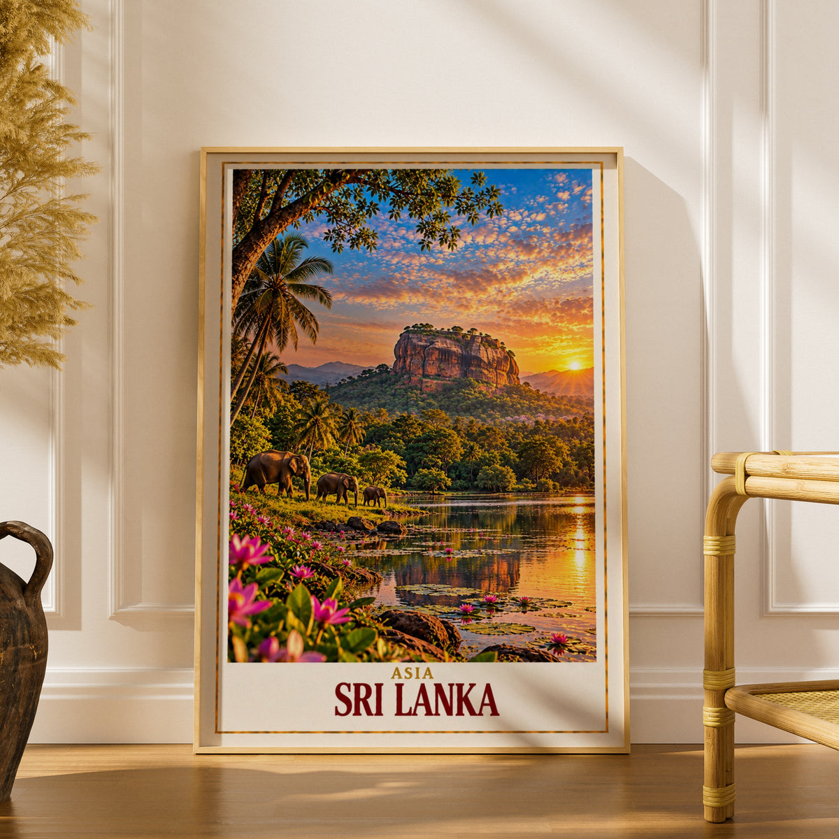 Sri Lanka Travel Poster, Sigiriya Rock Elephant Sunset Wall Art, Tropical Asia Print, Living Room Decor, Wanderlust Gift for Travellers