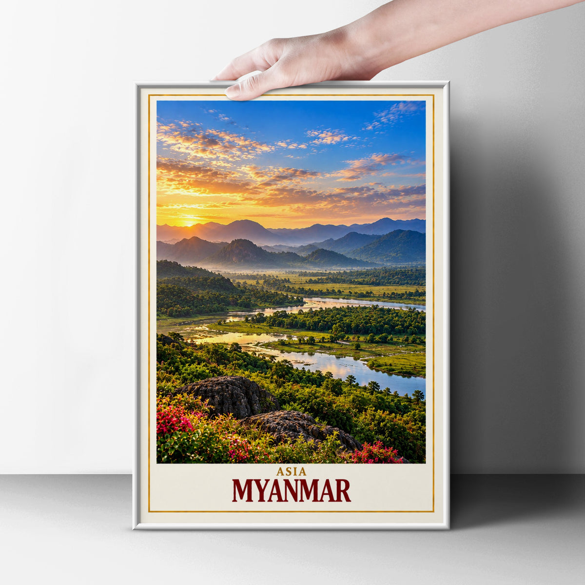 Myanmar Travel Poster, Asia Landscape Wall Art, Sunset River Valley Print, Southeast Asia Home Decor, Burma Mountain Scenery Poster