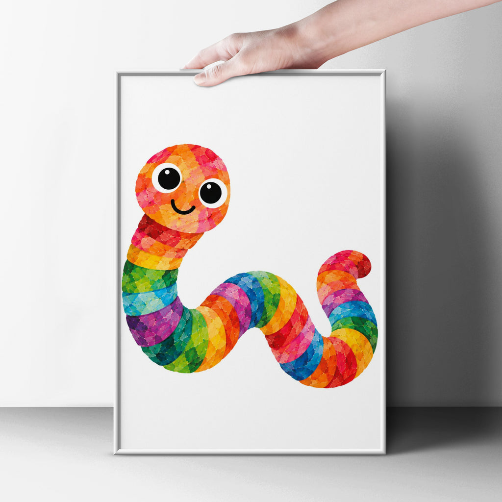 Rainbow Worm Poster, Colourful Cute Worm Wall Art, Kids Bedroom Print, Bright Nursery Decor, Fun Children's Animal Poster, Playroom Art