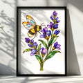 Bumblebee and Lavender Poster, Stained Glass Style Bee Wall Art, Purple Floral Print, Botanical Bee Art, Nature Lover Gift, Kitchen Decor