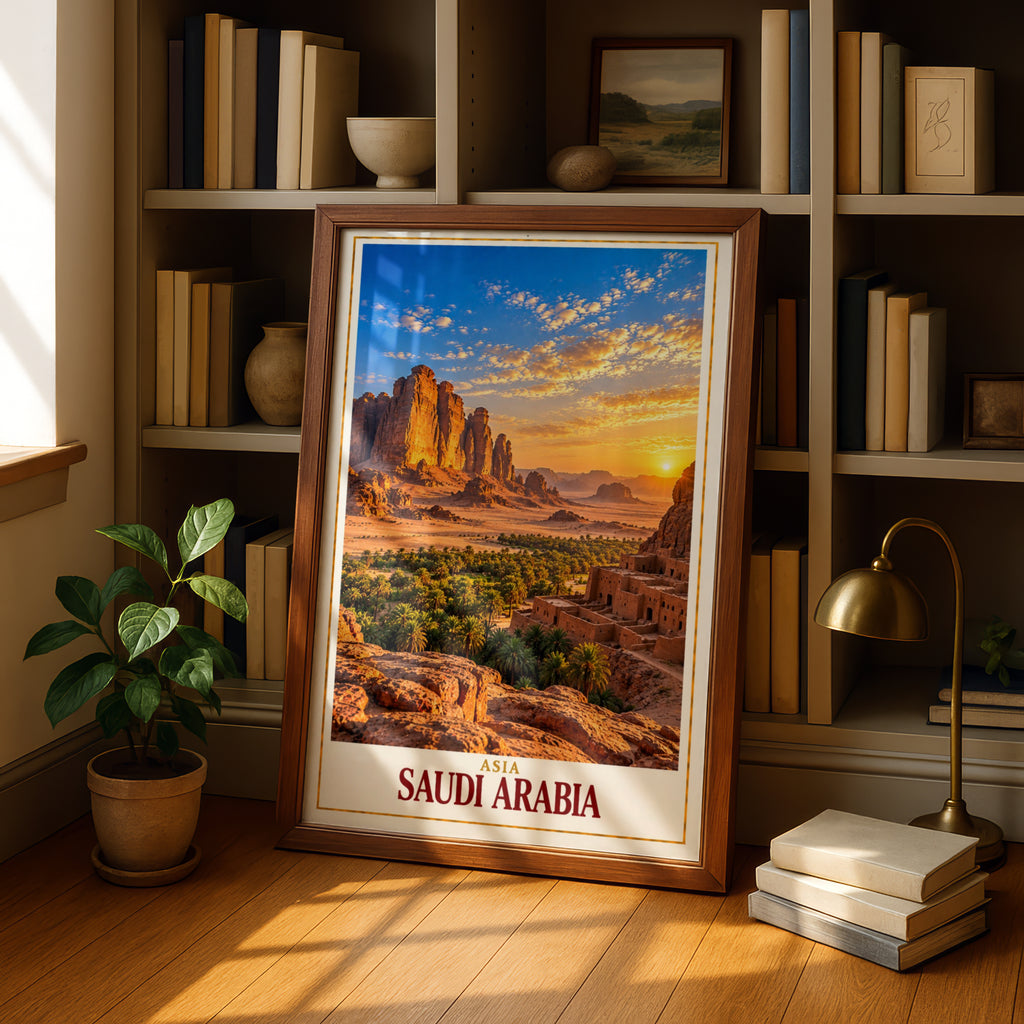 Saudi Arabia Travel Poster, AlUla Desert Landscape Wall Art, Middle East Sunset Print, Arabian Rock Formation, Ancient Ruins Home Decor