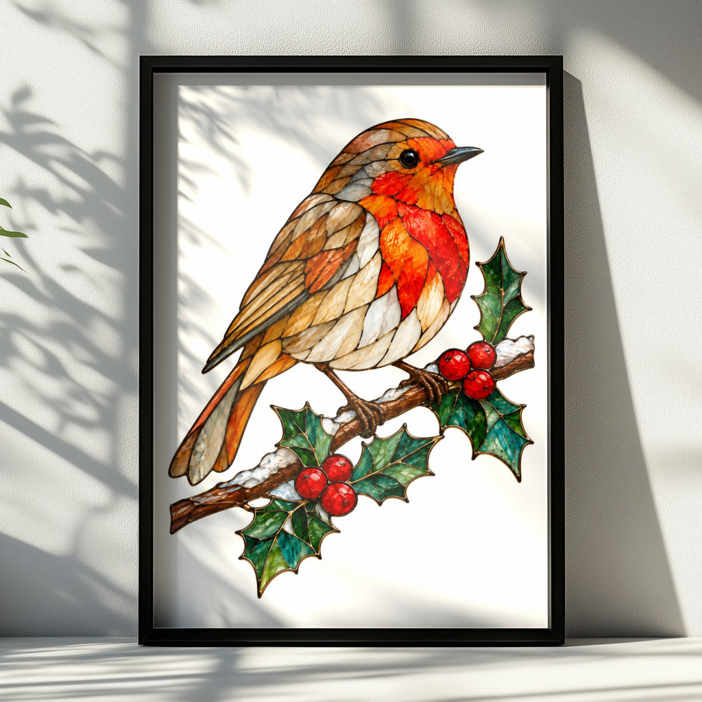 Robin on Holly Branch Stained Glass Style Poster, Christmas Robin Wall Art, Festive Bird Print, Traditional British Wildlife Decor