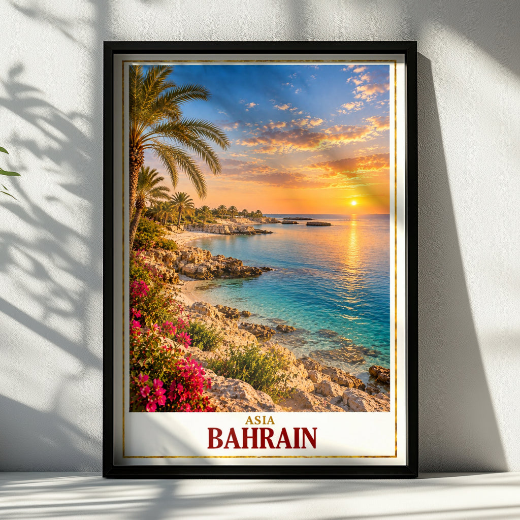 Bahrain Travel Poster, Middle East Coastal Sunset Wall Art, Persian Gulf Palm Tree Print, Tropical Beach Decor, Asia Travel Gift