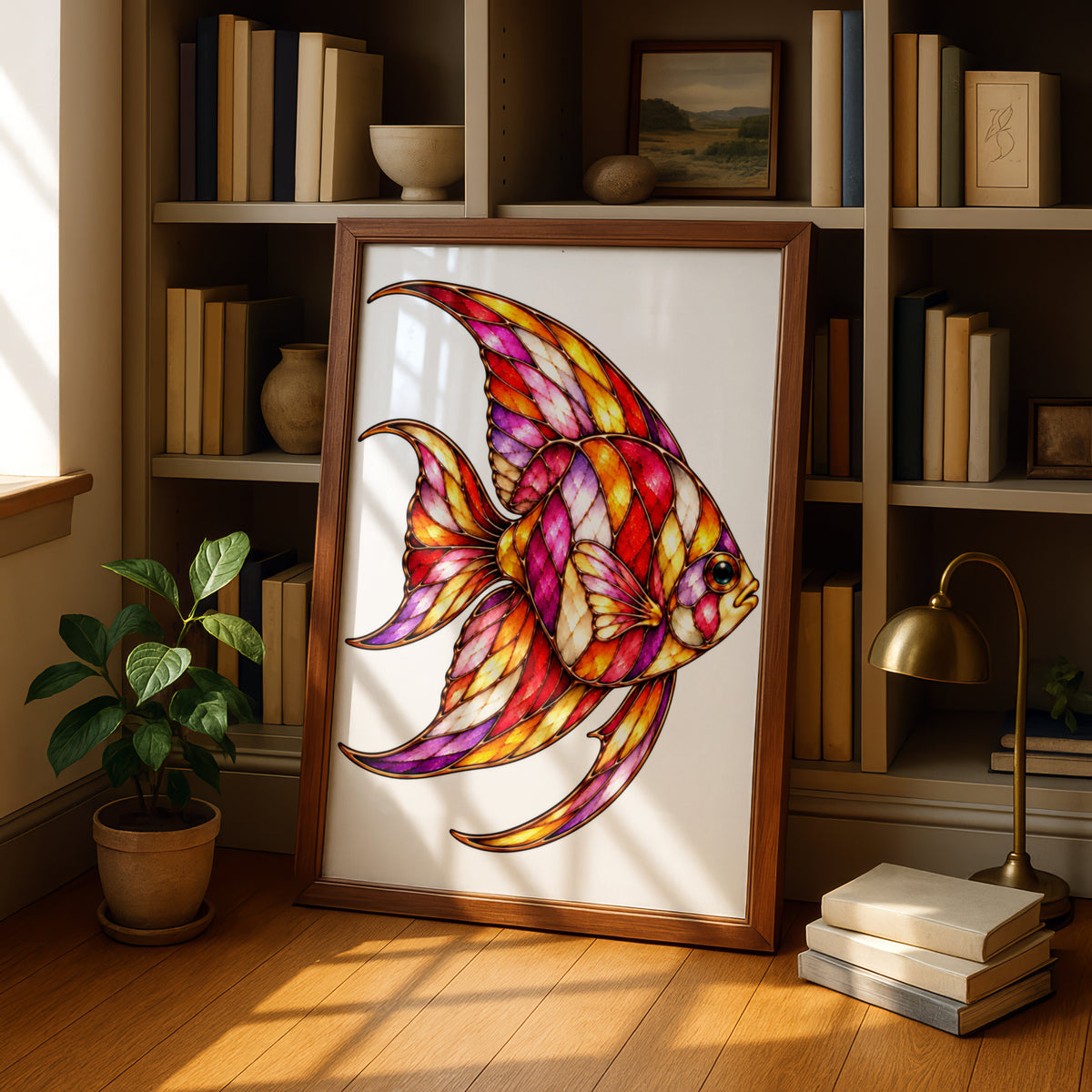 Stained Glass Angelfish Poster, Colourful Fish Wall Art, Vibrant Ocean Art Print, Tropical Fish Decor, Red Gold Purple Bathroom Bedroom
