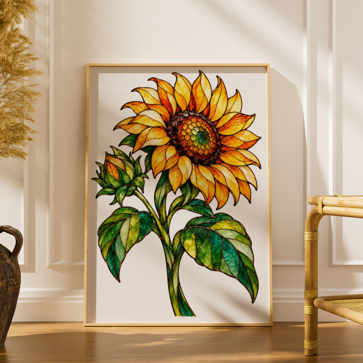 Stained Glass Sunflower Poster, Botanical Floral Wall Art, Yellow Orange Green Home Decor, Kitchen Living Room Print, Nature Flower Artwork
