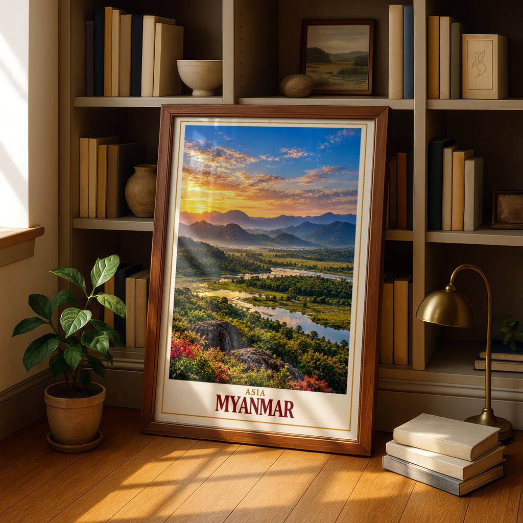 Myanmar Travel Poster, Asia Landscape Wall Art, Sunset River Valley Print, Southeast Asia Home Decor, Burma Mountain Scenery Poster