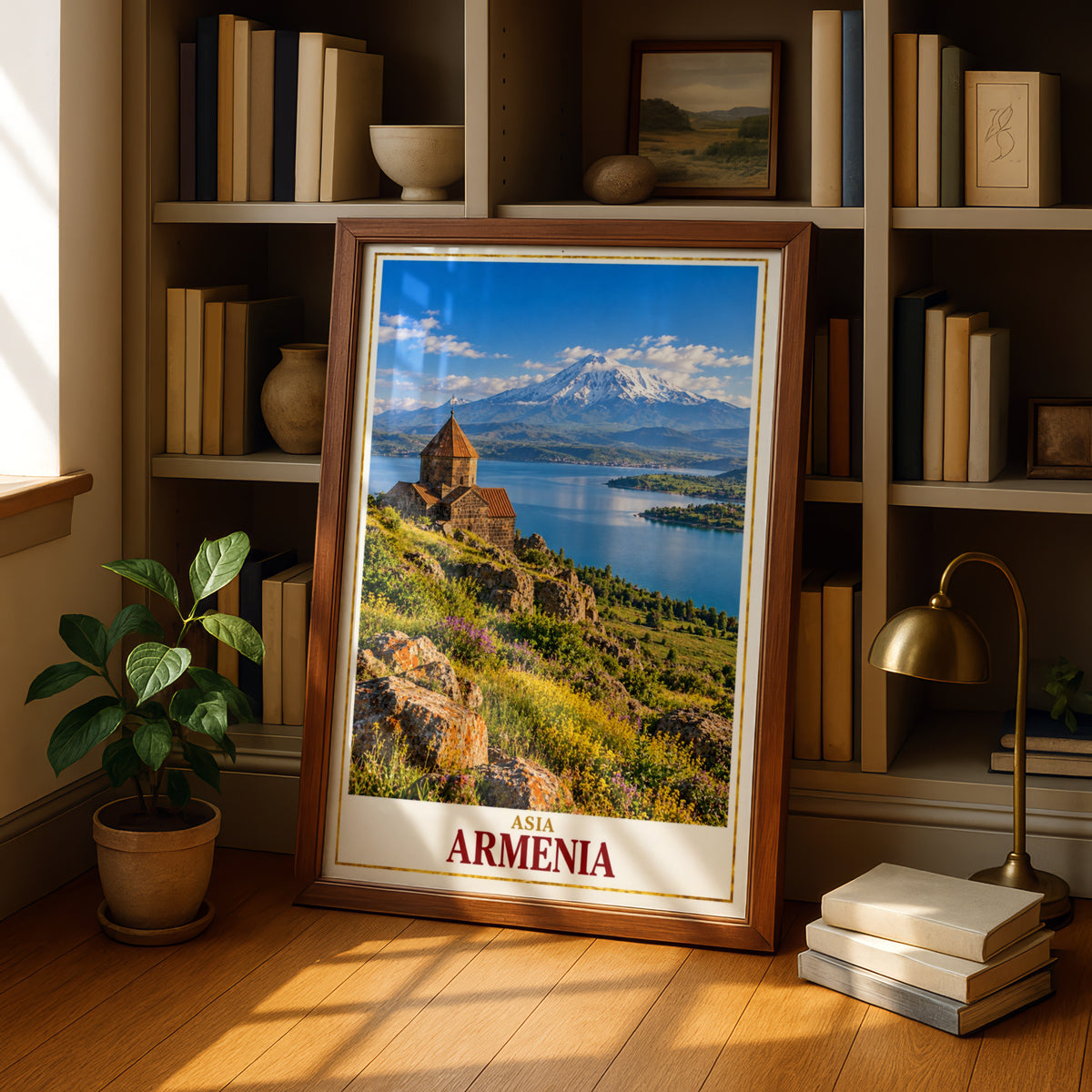 Armenia Travel Poster, Lake Sevan Church Wall Art, Mount Ararat Print, Caucasus Landscape, Yerevan Gift, Vintage Style Travel Art Poster