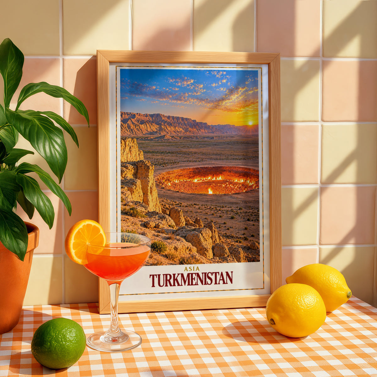 Turkmenistan Travel Poster, Door to Hell Darvaza Crater Wall Art, Central Asia Desert Landscape Print, Fiery Sunset Adventure Home Decor