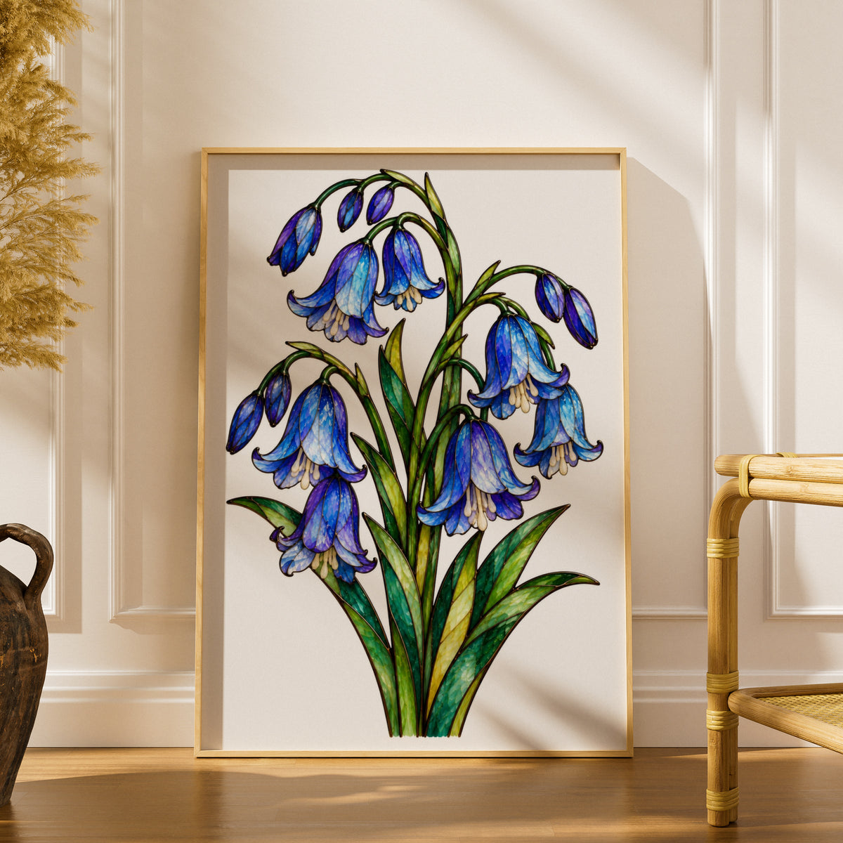 Bluebell Stained Glass Poster, Blue Floral Wall Art, Botanical Bell Flower Print, Nature Lover Gift, Living Room Bedroom Hallway Decor
