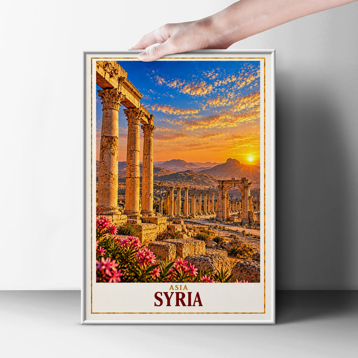 Syria Travel Poster, Palmyra Roman Ruins Wall Art, Ancient Columns Sunset Print, Middle East Archaeological Site, Historical Decor Gift