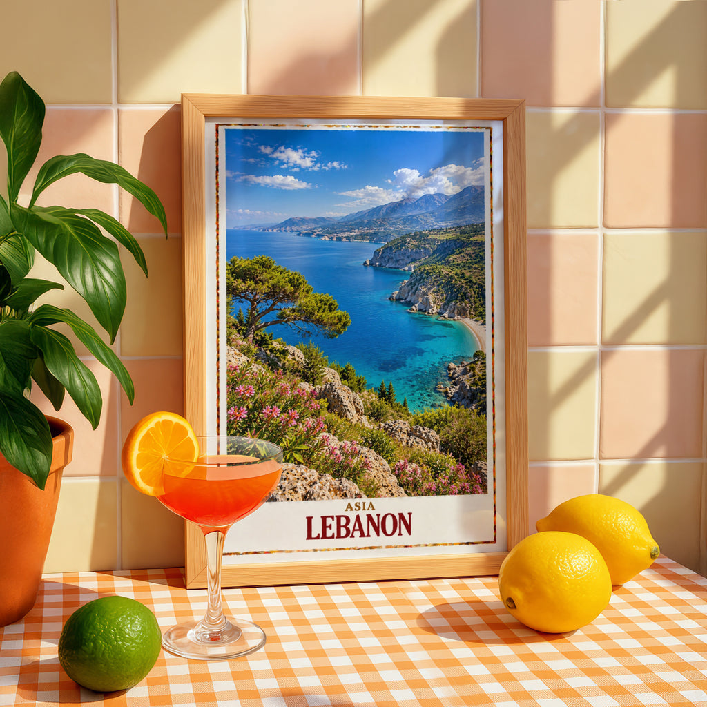 Lebanon Travel Poster, Mediterranean Coast Wall Art, Middle East Print, Turquoise Sea Coastal Landscape, Living Room Decor Gift