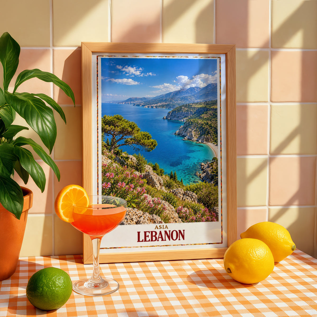 Lebanon Travel Poster, Mediterranean Coast Wall Art, Middle East Print, Turquoise Sea Coastal Landscape, Living Room Decor Gift